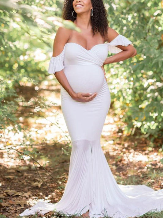 White Mermaid Ruffle Irregular Boat Neck Bodycon Elegant Maternity Photoshoot Maxi Dress