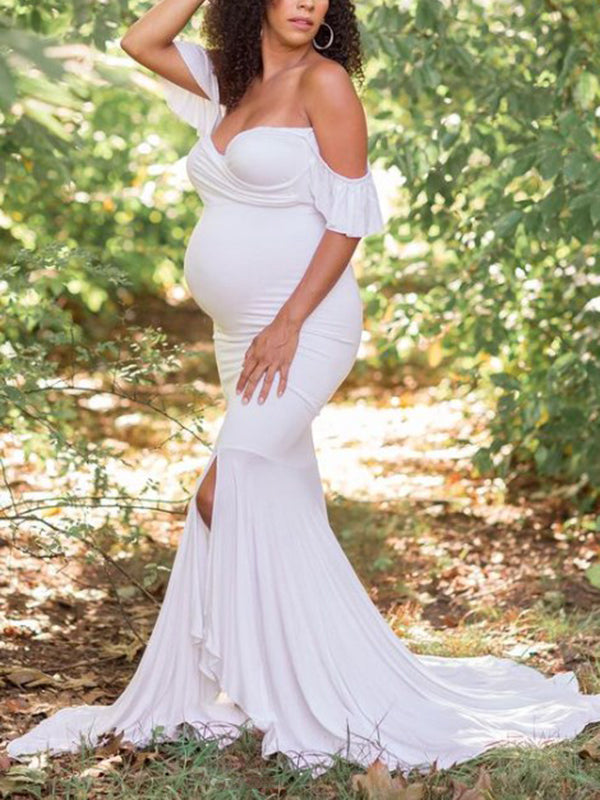 White Mermaid Ruffle Irregular Boat Neck Bodycon Elegant Maternity Photoshoot Maxi Dress