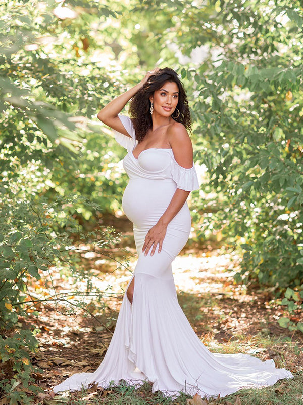 White Mermaid Ruffle Irregular Boat Neck Bodycon Elegant Maternity Photoshoot Maxi Dress