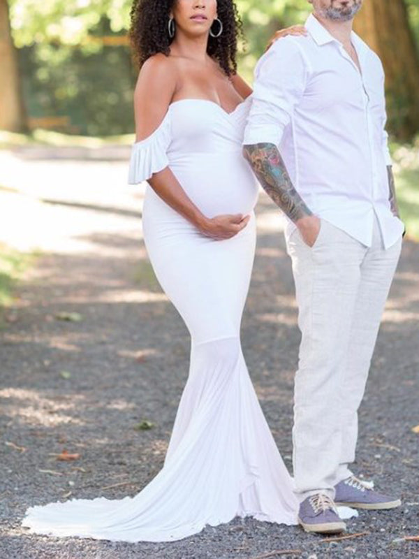 White Mermaid Ruffle Irregular Boat Neck Bodycon Elegant Maternity Photoshoot Maxi Dress