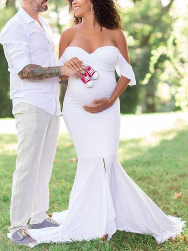 White Mermaid Ruffle Irregular Boat Neck Bodycon Elegant Maternity Photoshoot Maxi Dress