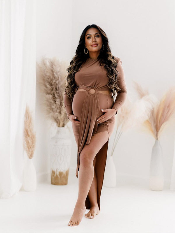 Light Coffee Bodycon Side Slit Cutout Bare Waist Cascading Ruffle Party Photoshoot Maternity Maxi Dress