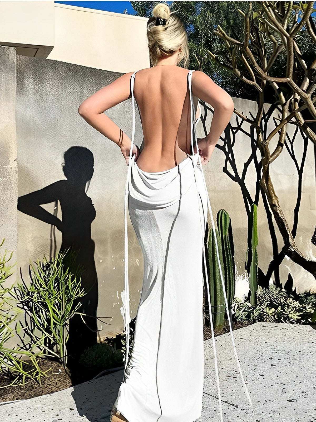 White Bodycon Backless Draped Spaghetti Strap Lace Up Photoshoot Party Maternity Maxi Dress