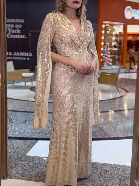 Belly Friendly Sparkly Sequin Slit Sleeve Cross Chest V-Neck Babyshower Maternity Maxi Dress