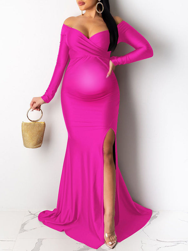 Belly Friendly Off Shoudler Side Slit High Split Photography Babyshower Party Gown Maternity Maxi Dress
