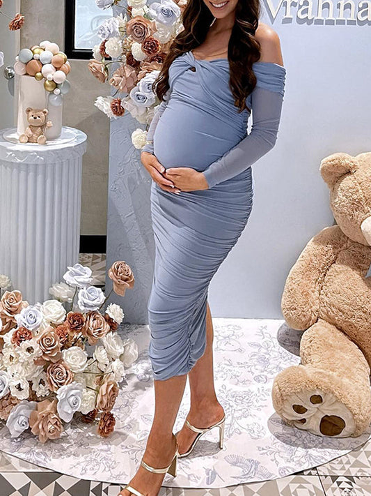 Blue Ruched Off Shoulder Cross Chest Bodycon Elegant Wedding Guest Maternity Photoshoot Midi Dress