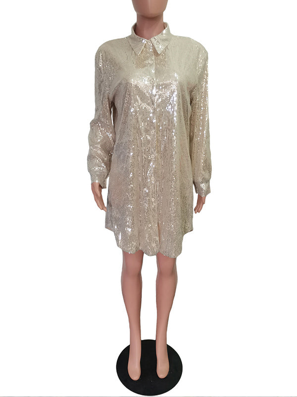 Sequin Button Down Shirt Lapel Sparkle Glitter Tunic Tops Loose Blouse Babyshower Maternity Mini Dress
