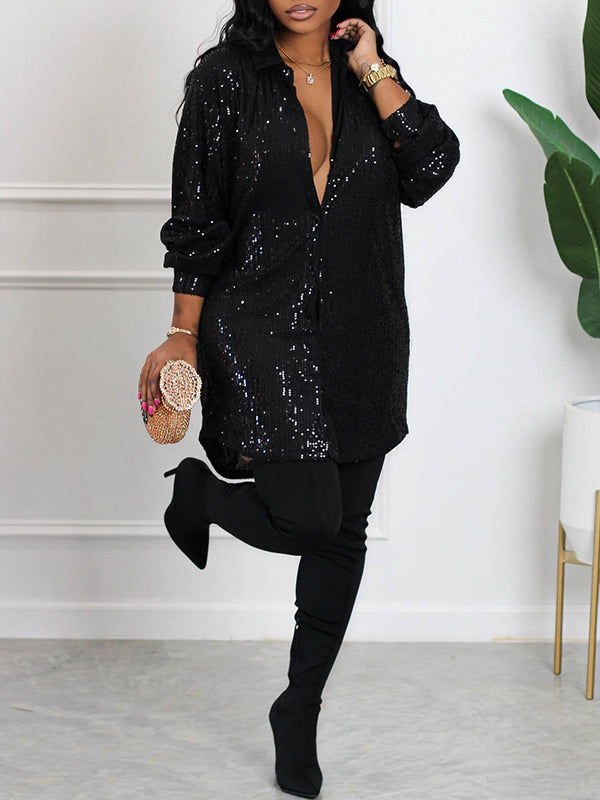 Sequin Button Down Shirt Lapel Sparkle Glitter Tunic Tops Loose Blouse Babyshower Maternity Mini Dress