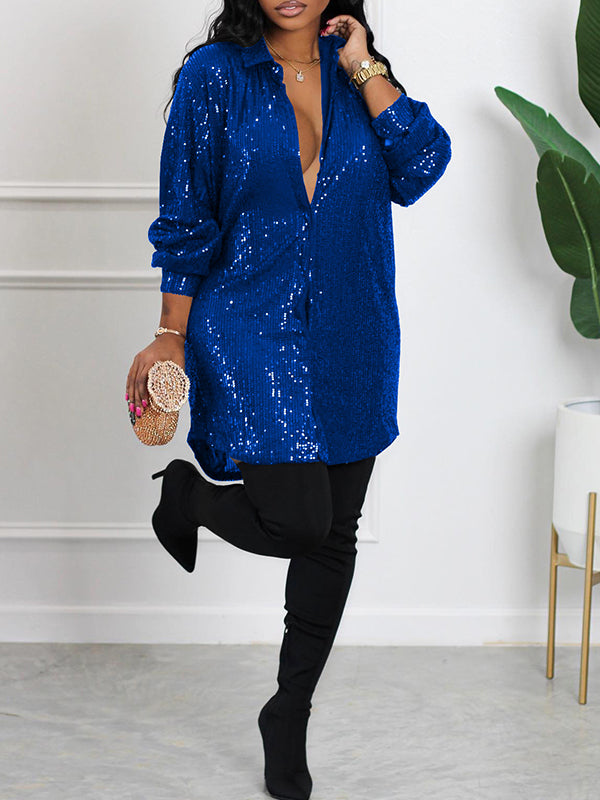 Sequin Button Down Shirt Lapel Sparkle Glitter Tunic Tops Loose Blouse Babyshower Maternity Mini Dress