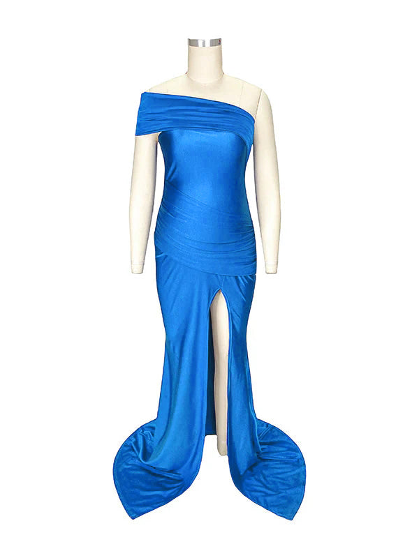 Blue Irregular One-shoulder Side Slit Mermaid Backless Asymmetric Shoulder Party Boy Baby Shower Maternity Maxi Dress