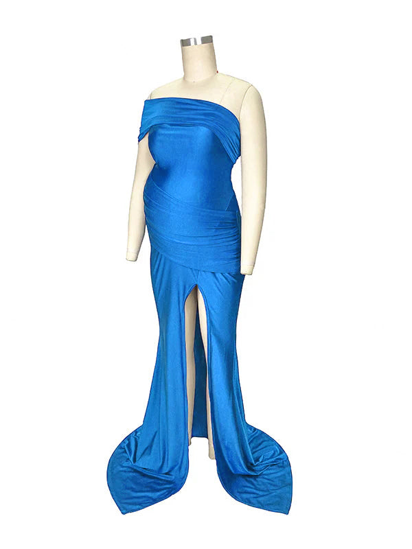 Blue Irregular One-shoulder Side Slit Mermaid Backless Asymmetric Shoulder Party Boy Baby Shower Maternity Maxi Dress