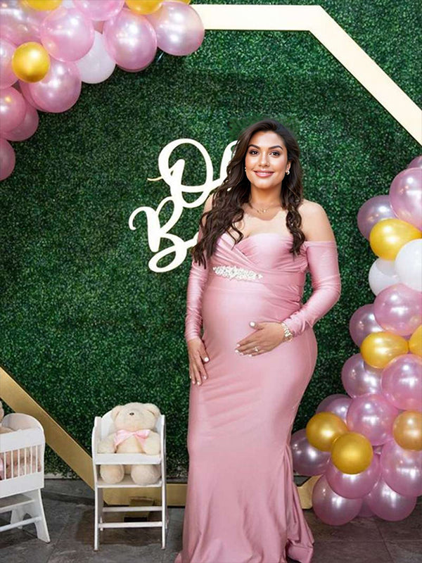 Pink Off Shoulder Long Sleeve High Split Bodycon Baby Shower Party Gown Pregnancy Maternity Maxi Dress