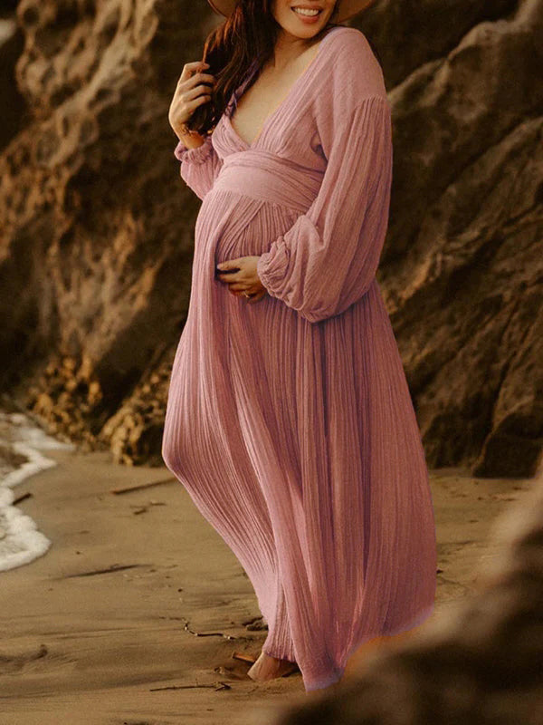 Slit Deep V-neck Lantern Sleeve Elegant Photoshoot Maternity Maxi Dress