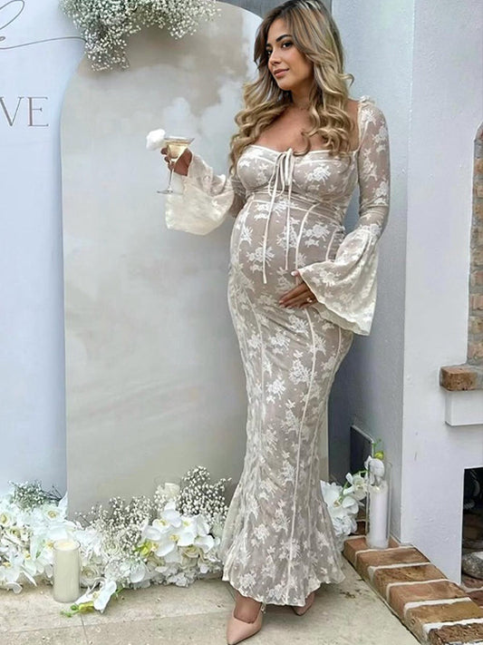 White Lace Corset Square Neck Flare Sleeve Off Shoulder Bodycon Elegant Cocktail Party Maternity Photoshoot Baby Shower Maxi Dress