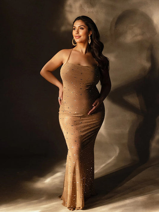 Apricot Sheer Rhinestone Diamond Cami Bodycon Fashion Party Club Maternity Photoshoot Baby Shower Maxi Dress
