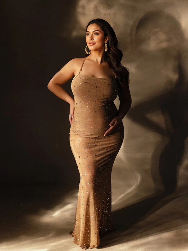 Apricot Sheer Rhinestone Diamond Cami Bodycon Fashion Party Club Maternity Photoshoot Baby Shower Maxi Dress