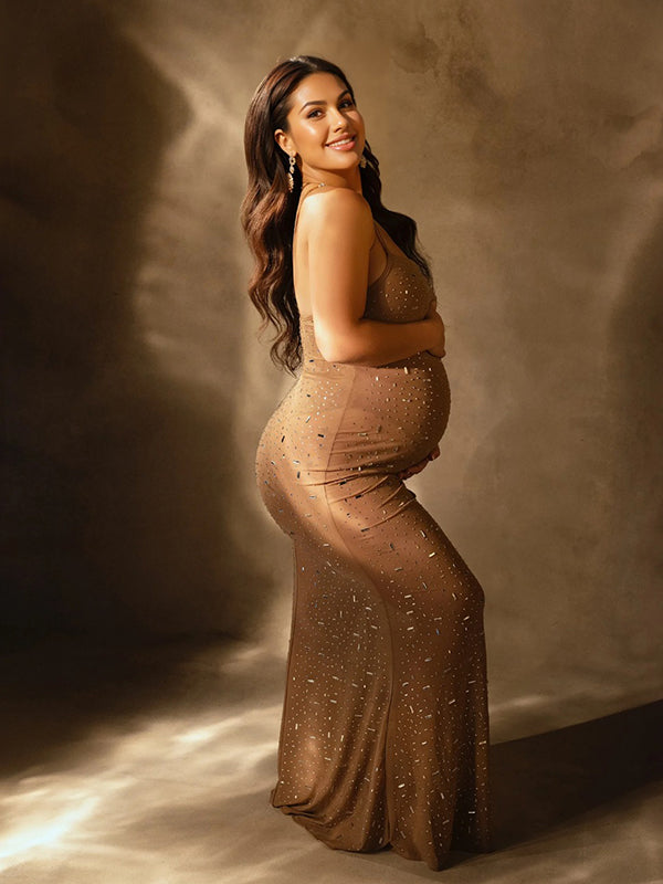 Apricot Sheer Rhinestone Diamond Cami Bodycon Fashion Party Club Maternity Photoshoot Baby Shower Maxi Dress