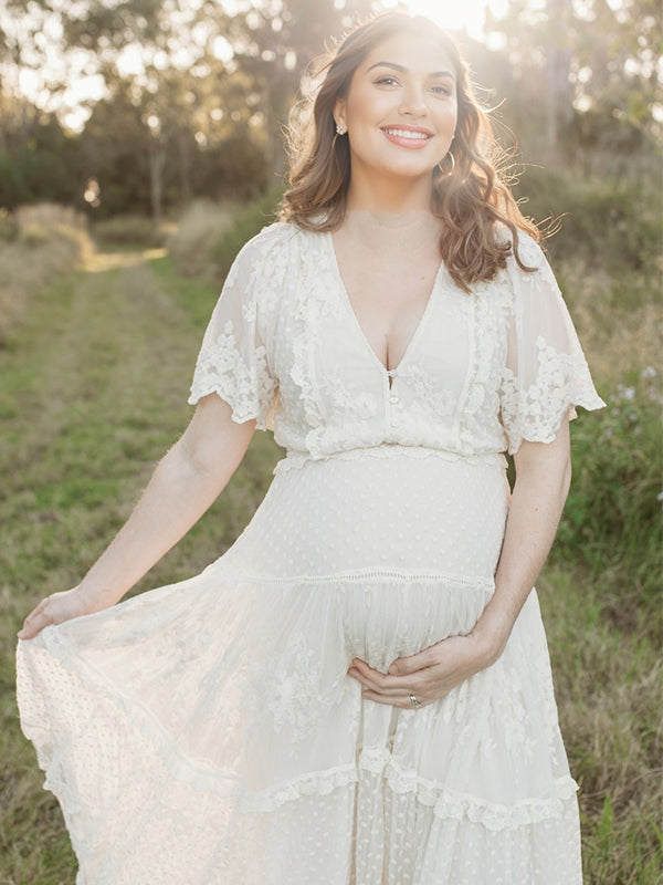 Boho Lace White V-Neck Short Sleeve Ruffle Embroidery High Waist Photoshoot Maternity Maxi Dress