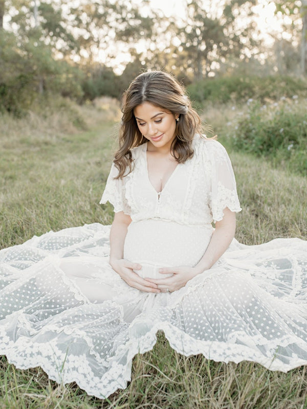 Boho Lace White V-Neck Short Sleeve Ruffle Embroidery High Waist Photoshoot Maternity Maxi Dress