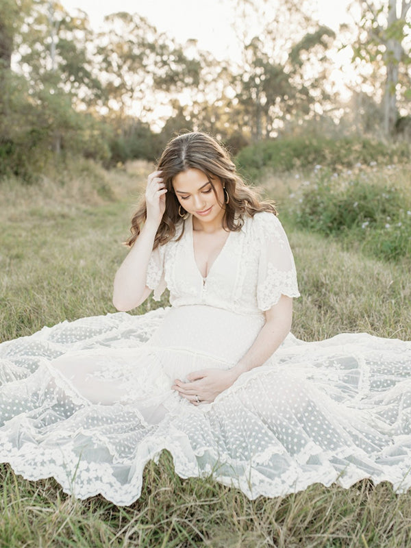Boho Lace White V-Neck Short Sleeve Ruffle Embroidery High Waist Photoshoot Maternity Maxi Dress