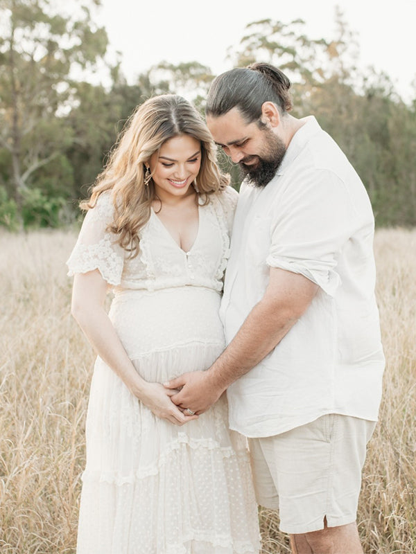 Boho Lace White V-Neck Short Sleeve Ruffle Embroidery High Waist Photoshoot Maternity Maxi Dress