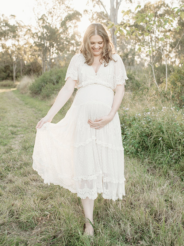 Boho Lace White V-Neck Short Sleeve Ruffle Embroidery High Waist Photoshoot Maternity Maxi Dress