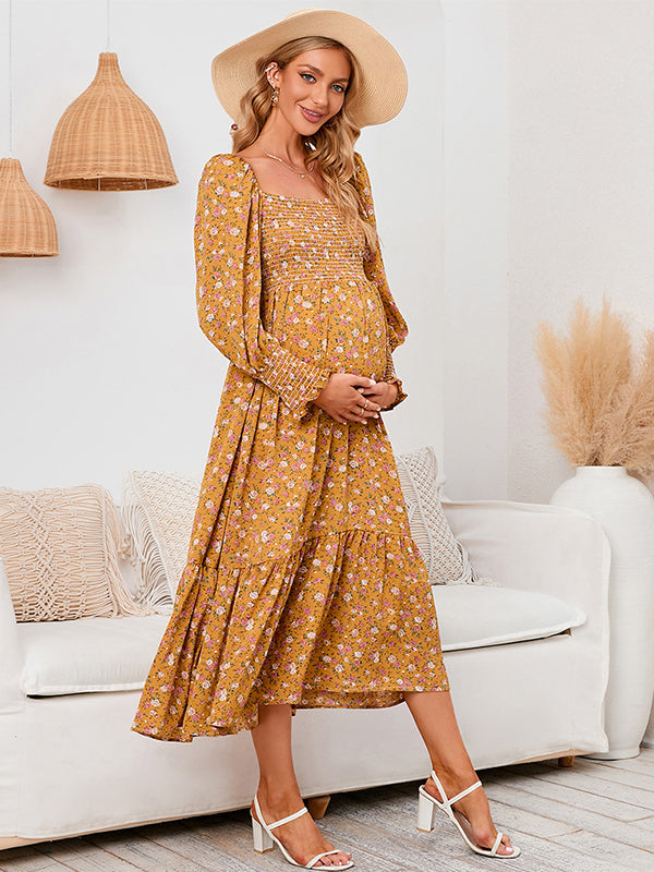 Chiffon Floral Print Ruffle High Waist Boutique Holiday Sweet Maternity Maxi Dress