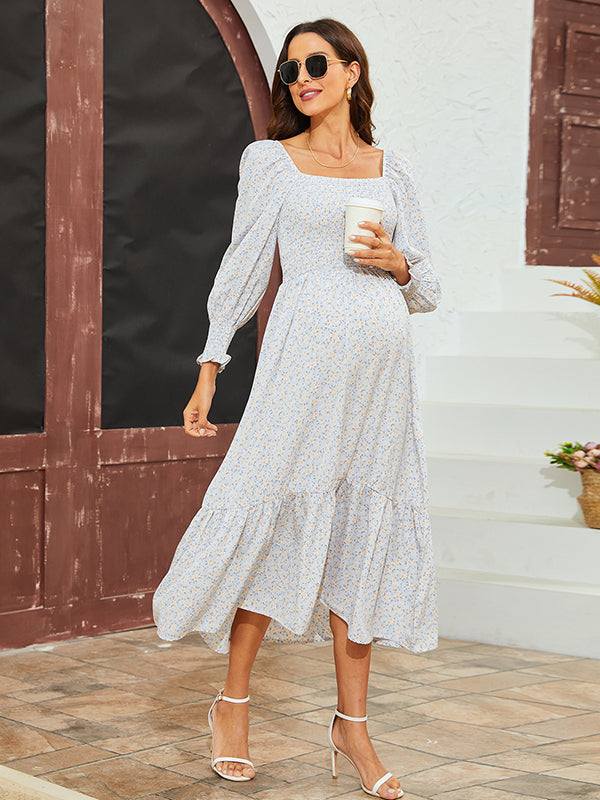 Chiffon Floral Print Ruffle High Waist Boutique Holiday Sweet Maternity Maxi Dress