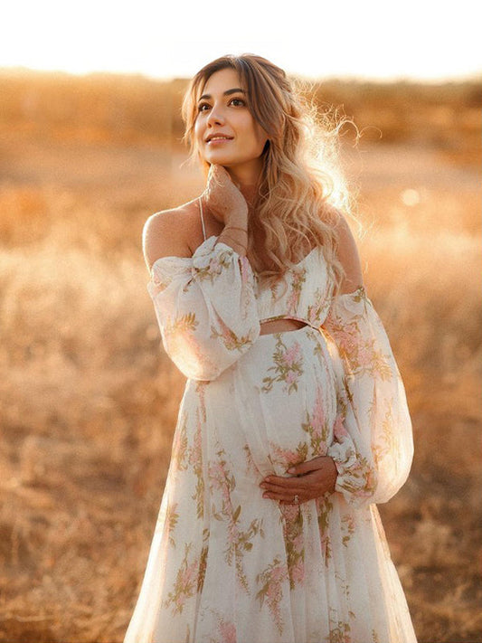 White Floral Cut Out Off Shoulder Backless Cami Big Swing Elegant Vacation Maternity Hobo Photoshoot Baby Shower Maxi Dress