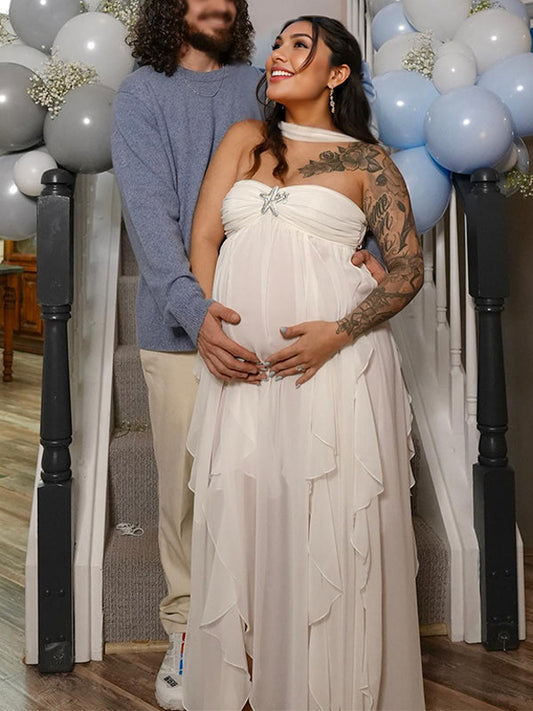 White Backless Bandeau Wavy Edge Backless High Waist Baby Shower Maternity Maxi Dress