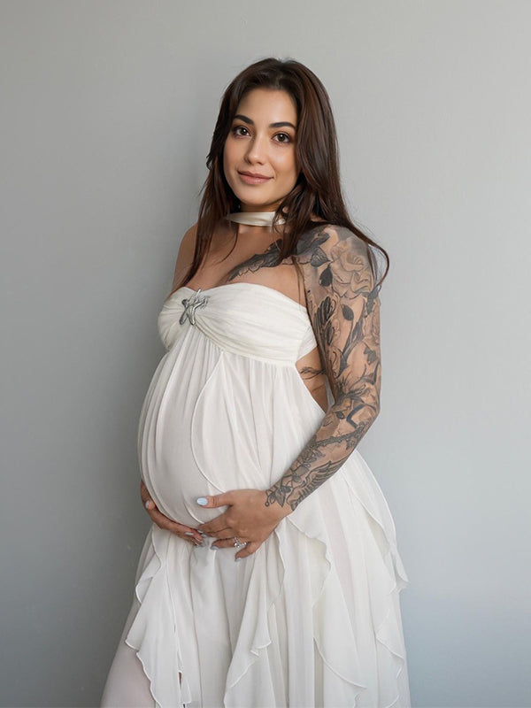 White Backless Bandeau Wavy Edge Backless High Waist Baby Shower Maternity Maxi Dress