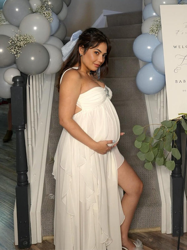 White Backless Bandeau Wavy Edge Backless High Waist Baby Shower Maternity Maxi Dress