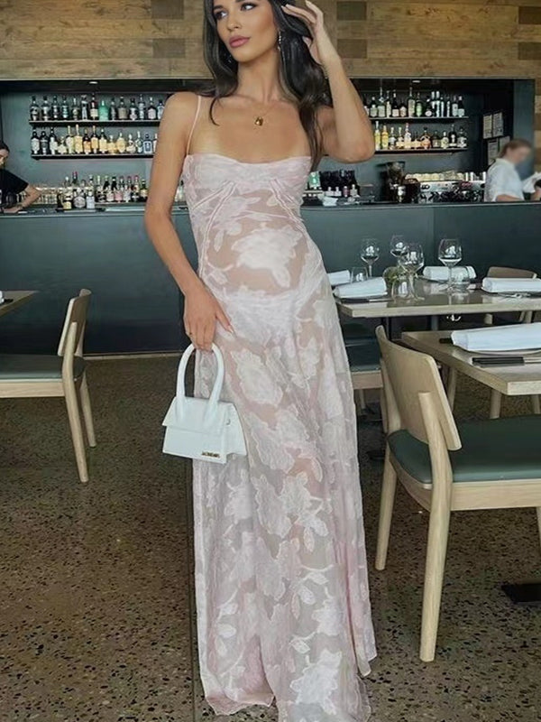 Pink Spaghetti Strap Backless Sheer Big Swing Chic Maternity Maxi Dress