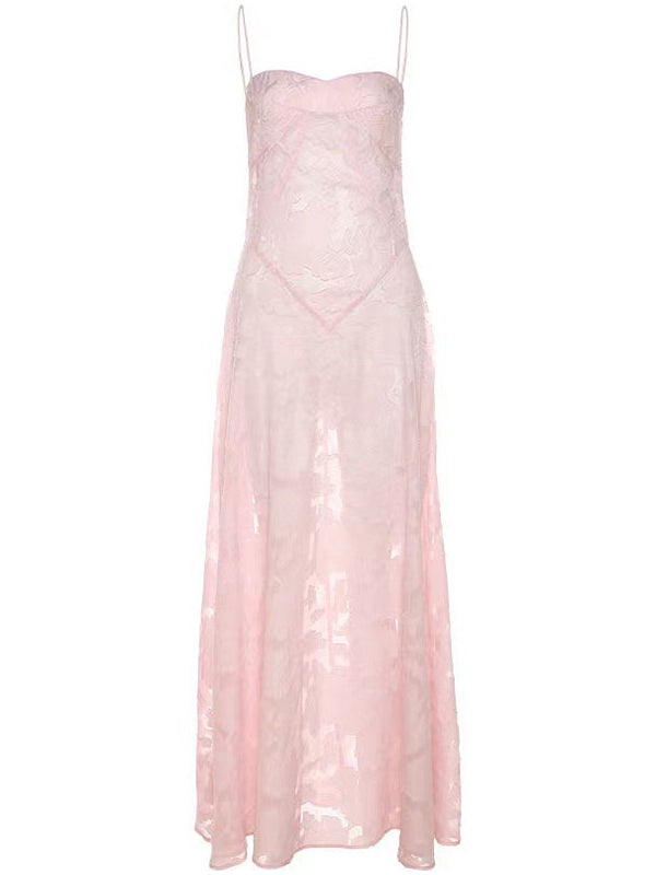 Pink Spaghetti Strap Backless Sheer Big Swing Chic Maternity Maxi Dress