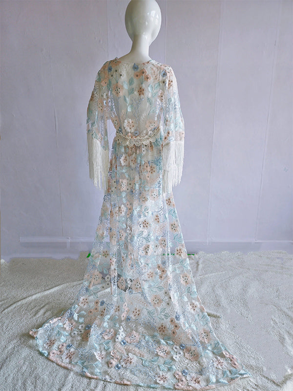 Boho Lace Splicing Tassel Embroidery V-Neck Flare Sleeve Sheer Photoshoot Maternity Maxi Dress