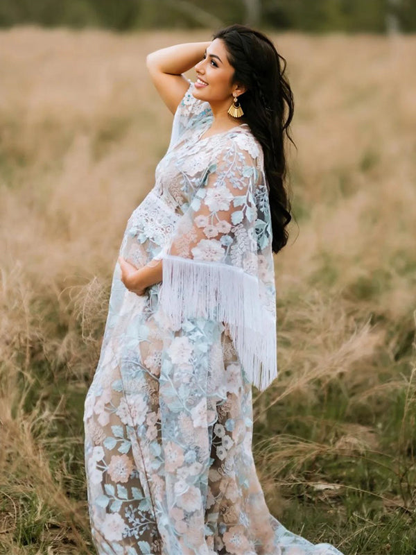 Boho Lace Splicing Tassel Embroidery V-Neck Flare Sleeve Sheer Photoshoot Maternity Maxi Dress