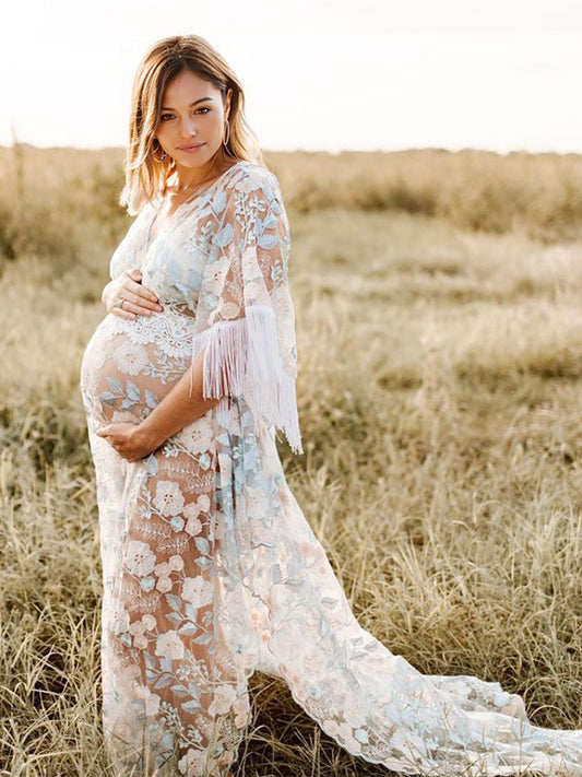 Boho Lace Splicing Tassel Embroidery V-Neck Flare Sleeve Sheer Photoshoot Maternity Maxi Dress