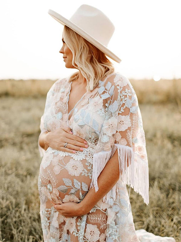 Boho Lace Splicing Tassel Embroidery V-Neck Flare Sleeve Sheer Photoshoot Maternity Maxi Dress
