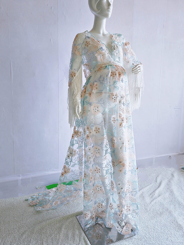 Boho Lace Splicing Tassel Embroidery V-Neck Flare Sleeve Sheer Photoshoot Maternity Maxi Dress