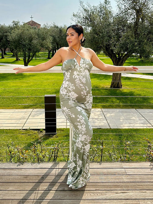 Spaghetti Strap Backless Floral Printing Lace-up Bandage Mermaid Bodycon Vacation Maternity Maxi Dress