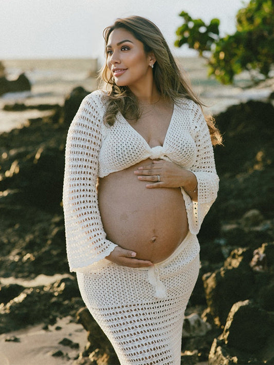White Tie Front Crop V-Neck Crochet Beach Vacation Photoshoot Maternity Maxi Dress