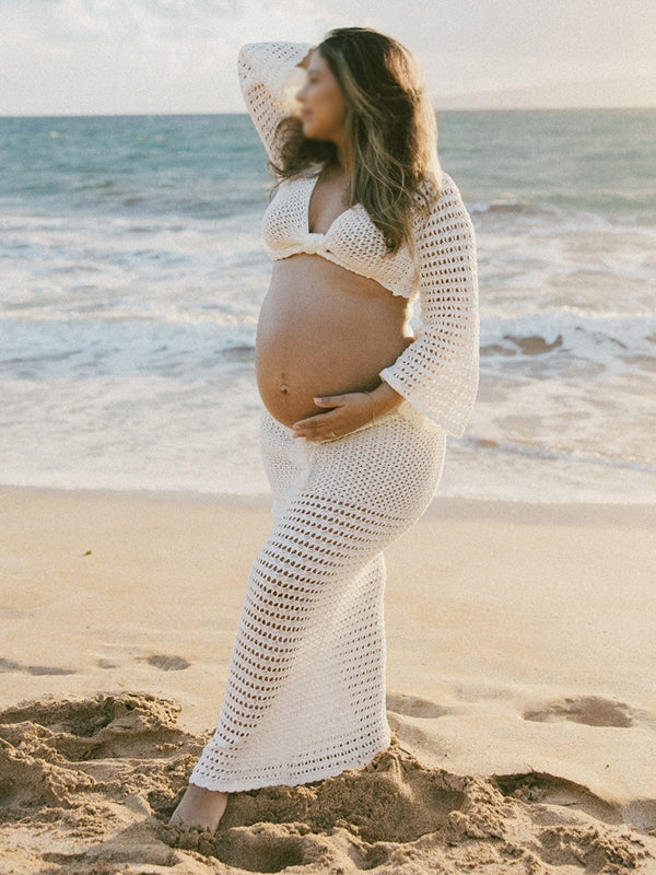 White Tie Front Crop V-Neck Crochet Beach Vacation Photoshoot Maternity Maxi Dress