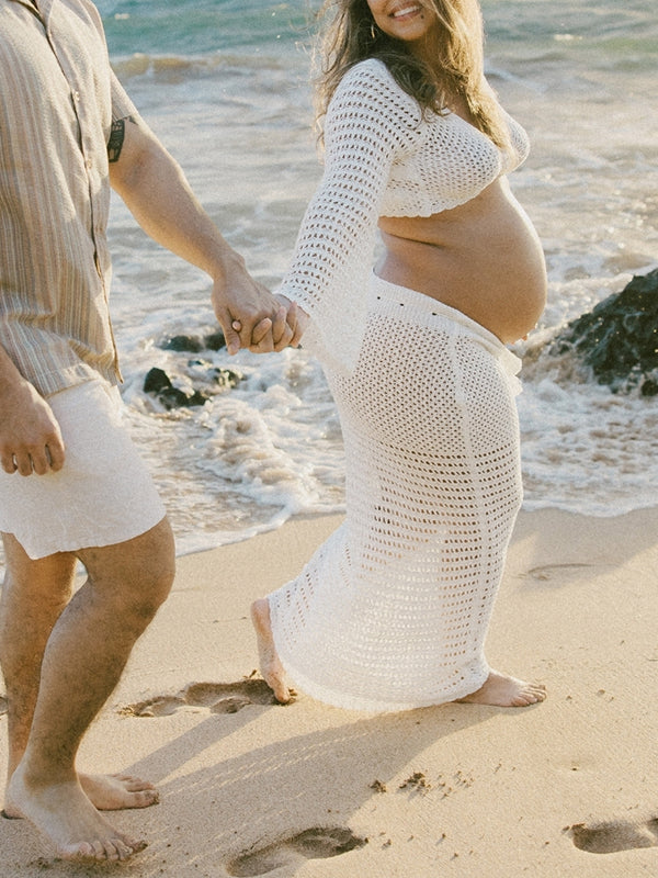 White Tie Front Crop V-Neck Crochet Beach Vacation Photoshoot Maternity Maxi Dress