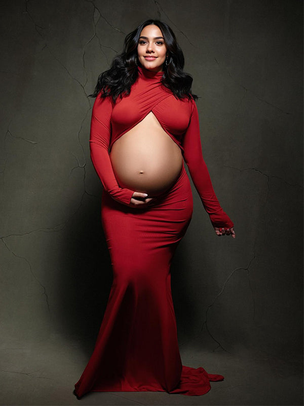 Red Cross Front Crop Cut Out Backless Mermaid Bodycon Photoshoot Maternity Maxi Dress