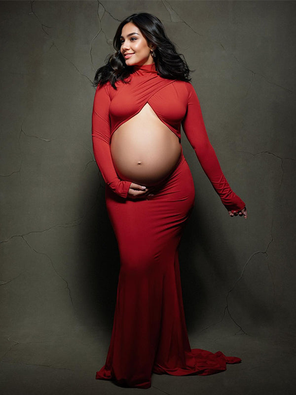 Red Cross Front Crop Cut Out Backless Mermaid Bodycon Photoshoot Maternity Maxi Dress