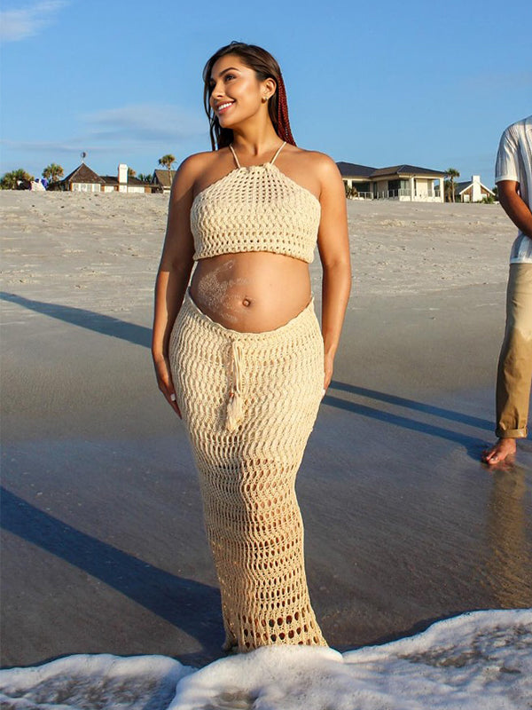 Apricot Halter Neck Back Lace-up Tassel 2-in-1 Drawstring Crochet Crop Vacation Maternity Maxi Dress