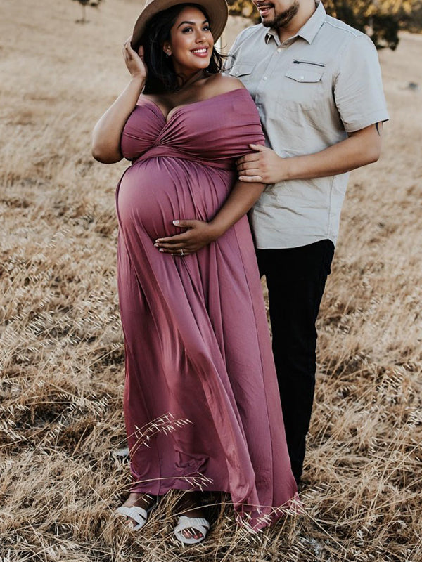 Solid Color Backless Tie Back High Waist Photoshoot Maternity Maxi Dress