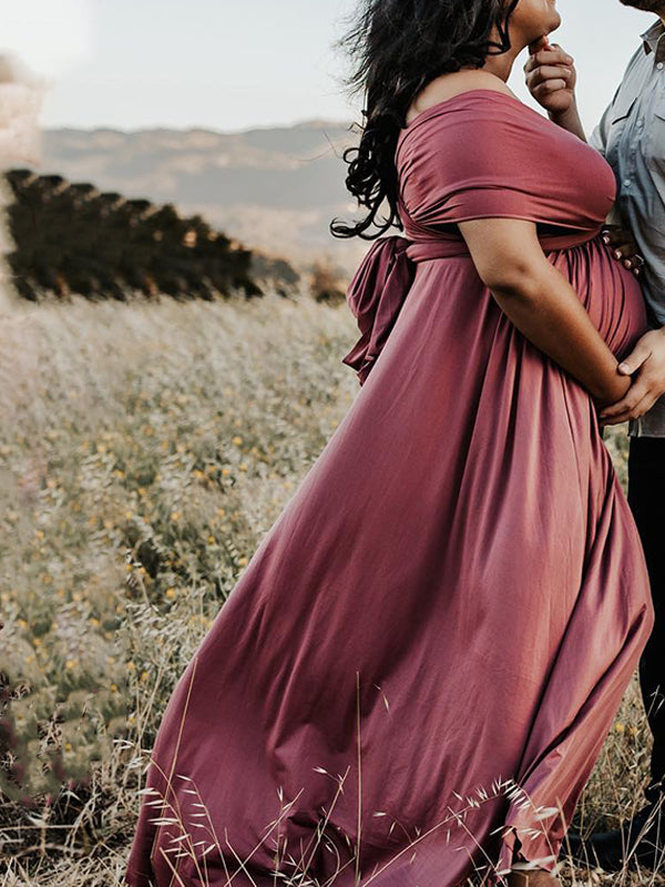 Solid Color Backless Tie Back High Waist Photoshoot Maternity Maxi Dress