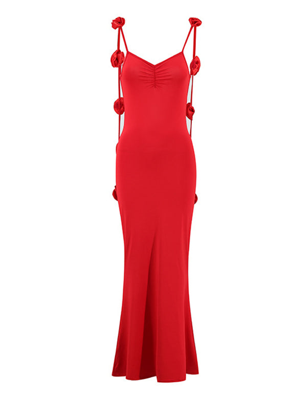 Red Backless 3D Flower Cascading Ruffle Spaghetti Strap Cami Mermaid Bodycon Party Photoshoot Maternity Maxi Dress