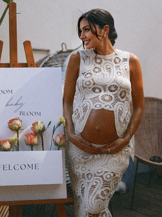 White Lace Cut Out Crop Hollow Irregular 2-in-1 Babyshower Maternity Maxi Dress